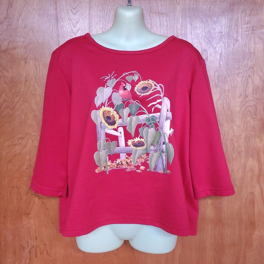 VTG 80s Crewneck Sweatshirt Missy L Red Sunflower Cardinal Grandma Cottage Fall